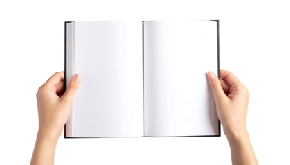 Two hands holding an open blank book with empty white pages, ready for text or visuals.
