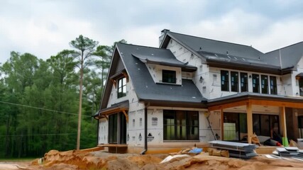 Large house under construction with cladding and building materials around. Useful for advertising construction services, educational videos about construction and architectural presentations.

