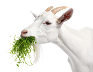 A white goat peacefully eating fresh green grass, showcasing its herbivorous diet.