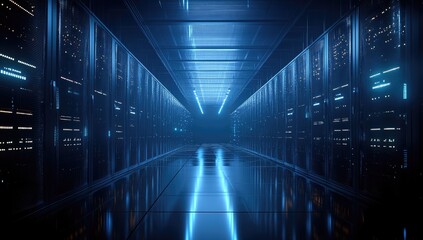 Dark server room, glowing blue lights, reflecting on floor