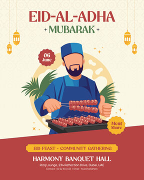Eid Al-Adha Mubarak Instagram Post with Man Grilling Meat for Community Feast
