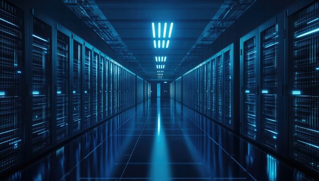 Dark server room, blue glow