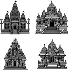 set of four black and white flat vector of a hindu temple (mandir) with towered design and traditional ornate outline.