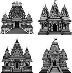 set of four black and white flat vector of a hindu temple (mandir) with towered design and traditional ornate outline.