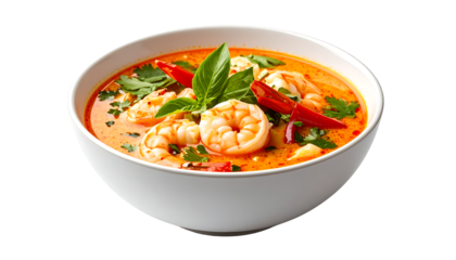 A vibrant bowl of spicy Tom Yum Goong, featuring large shrimp, red chilies, and fresh basil in a rich broth.