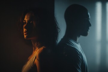 A woman and man stand back to back in contrasting dark and light. Use to illustrate relationship conflict, distance, or individual struggles.