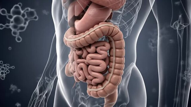 Detailed Medical Illustration Of The Human Digestive System Showing Organs Against A Dark Gray Background
