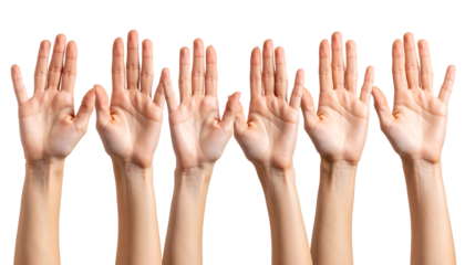 Multiple human hands are raised with open palms, symbolizing unity, participation, or a request for help.
