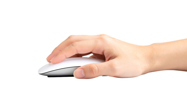 A hand is shown using a white computer mouse, illustrating interaction with technology.