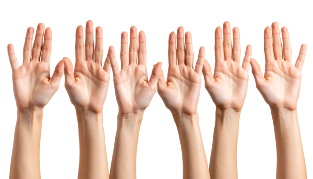 Multiple human hands are raised with open palms, symbolizing unity, participation, or a request for help.