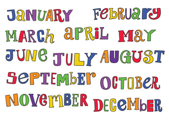 12 months words lettering compilation set. January to December word. Vector Lettering design illustration for web, t-shirt design, other graphic design use