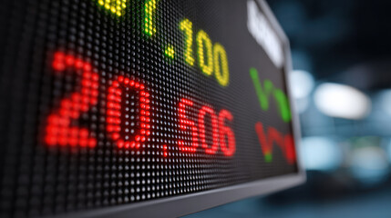 Energy transition policy drives financial market change with digital stock ticker displaying numbers and dynamic economic mood