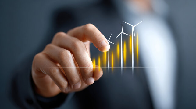 Hand pointing at rising energy sector graph with wind turbine icons, symbolizing renewable energy growth and innovation