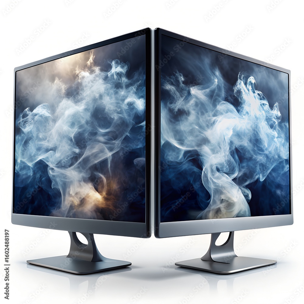 Fototapete two computer monitors sidebyside displaying abstract blue and white smoke patterns isolated on white