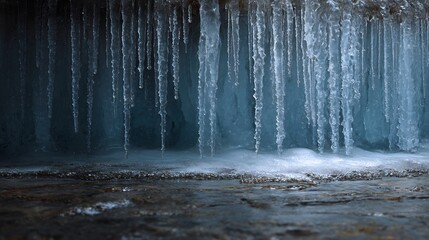 Frozen waterfall during intense cold snap icicles forming mid flow water dramatic contrast in color and texture natural frozen beauty