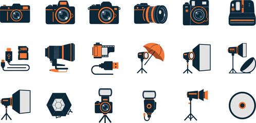 Photography Gear Vector Icon Set – DSLR Camera, Digital Camera, Lens, Filmstrip, SD Card, Tripod, Studio Flash, Reflector, Lightbox, Umbrella
