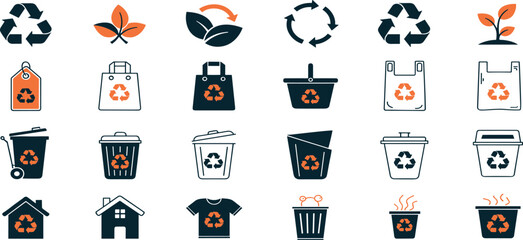  Recycling Vector Icon Set Adjustable Line Weight Eco, reuse, sustainability, bin, waste, environment, bag, trash, plastic, green, paper, reduce