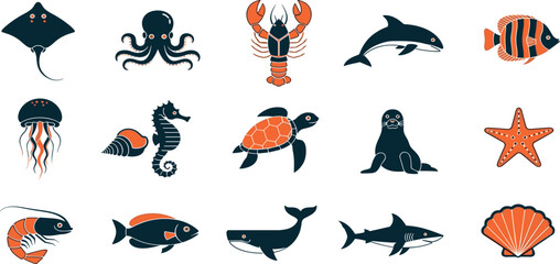 Sea Animals Vector Icon Set Adjustable Line Weight Fish, dolphin, whale, shark, squid, octopus, turtle, jellyfish, seahorse, shell, marine, aquatic