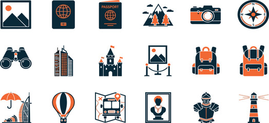 Sightseeing Trip Vector Icon Set Adjustable Line Weight Travel, camera, map, monument, museum, castle, compass, lighthouse, statue, binoculars, bus, art