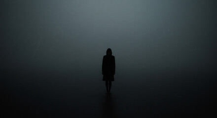 Enigmatic silhouette of a woman standing alone in a dark, foggy abyss, representing solitude and the unknown.