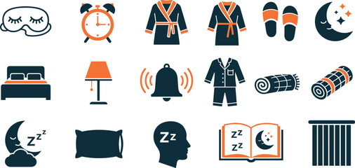 Sleep Vector Icon Set Adjustable Line Weight Bedtime, pillow, pajamas, alarm, night, dreams, sleep mask, relaxation, insomnia, bedroom, comfortable, rest