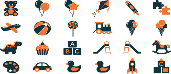 Toys Vector Icon Set Adjustable Line Weight Teddy bear, balloons, puzzle, airplane, dinosaur, rocking horse, blocks, rocket, cupcake, lollipop, kids, childhood, playtime icons.