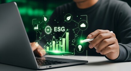 Modern investor analyzing ESG performance metrics and sustainable business growth on laptop, driving impactful investment decisions for a better future now