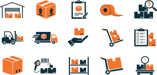 Warehouse Inventory Vector Icon Set Adjustable Line Weight Storage, logistics, delivery, packaging, barcode, forklift, shipping, pallet, stock, tracking, management, cargo,  tow color icons