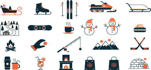 Winter Activities Vector Icon Set Adjustable Line Weight Skiing, snowboarding, sledding, hot drink, snowman, campfire, curling, snowball, hiking, igloo, fireplace icons
