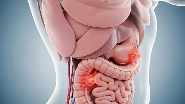 Medical Illustration Of Human Anatomy Showing Internal Organs Stomach And Intestines With Tumors