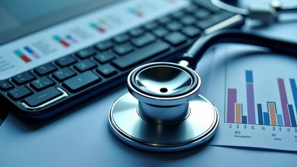 Stethoscope financial report with bar graphs highlights healthcare data analysis and medical equipment statistics for informed - Powered by Adobe