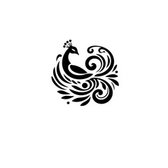 A stylized black peacock illustration with decorative swirls and a small crown design