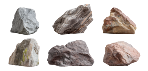 Collection of six isolated natural rocks with varied textures and earthy colors ready to isolate
