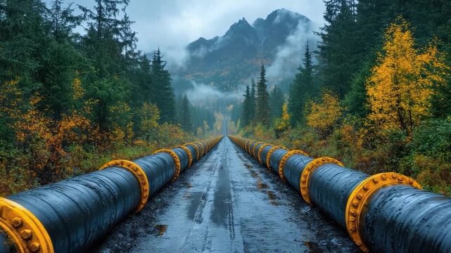 Pipeline Through Wilderness: A compelling image of an industrial pipeline, traversing a scenic, natural landscape. The scene blends the man-made with the majesty of nature.