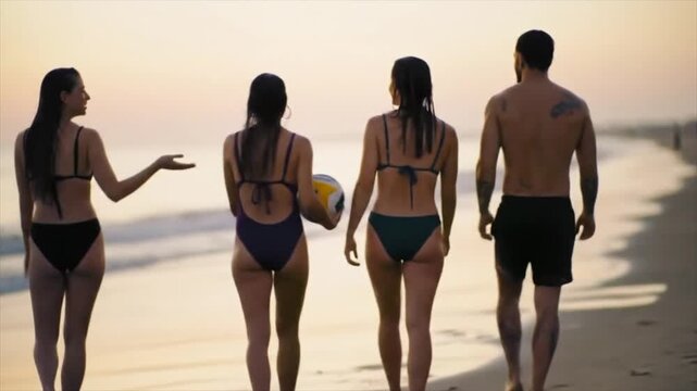Four friends, two women and one man of Hispanic descent and one woman of Asian descent, walk along the shore at sunset, enjoying the moment while holding a volleyball