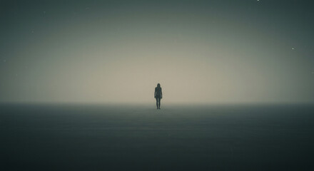 A lone silhouette journeys into a vast, desolate, and misty horizon, symbolizing solitude, mystery, and an introspective path.