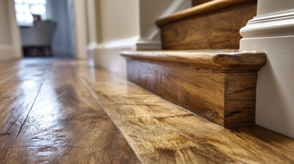 Close-up on hardwood stairs and flooring with beautiful rich color. Use for home design, flooring options, or renovations projects.