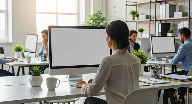Open Office Productivity: Woman at Computer with Blank Screen