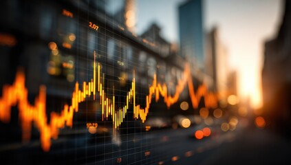 Abstract financial chart overlaying a blurred cityscape suggests market trends and economic activity in a modern urban environment.