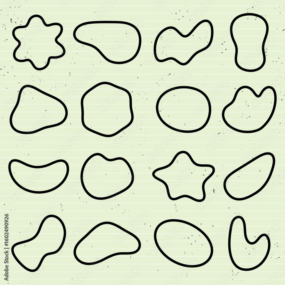 Poster grid with abstract shapes, black outlines on white background. shapes vary in form, abstract and uni