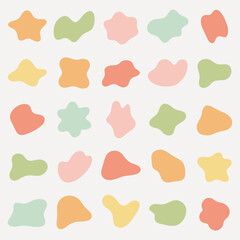 Colorful abstract shapes in various sizes and forms, featuring vibrant colors like red, blue, green, and yellow. Abstract shapes create a playful, artistic pattern. Colorful shapes, vector set.