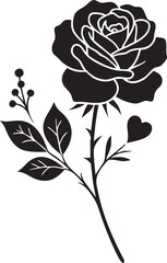 Obraz premium Elegant black silhouette of a single rose with leaves and heart detail silhouette