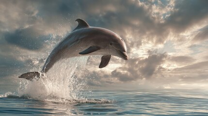 Fototapeta premium Dolphin leaps from the ocean in a sunlit seascape against dramatic, cloudy sky