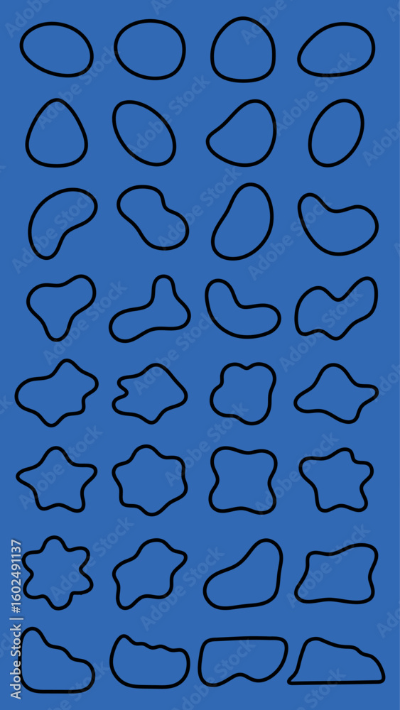 Poster grid with abstract shapes, black outlines on white background. shapes vary in form, abstract and uni