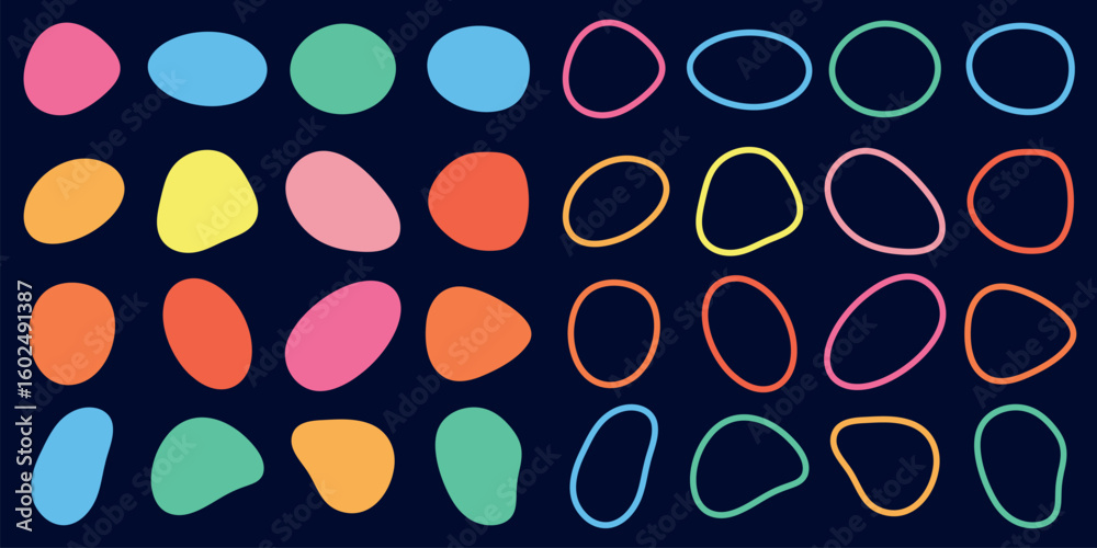 Poster Colorful abstract shapes in rows. Shapes include blobs and outlines in blue, green, orange, and yellow. Abstract shapes create a playful pattern. Colorful shapes, vector element set.