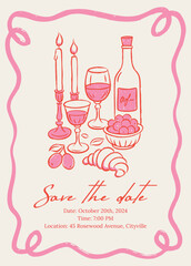 Romantic hand drawn save the date card with wine, candles, croissant and fruit on elegant table — vintage whimsical style pink line illustration for wedding or dinner invitation