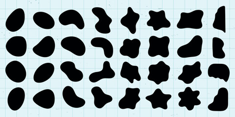 Abstract black shapes on a bluebackground. Various abstract forms, black shapes, and creative designs. Simple, bold, and artistic abstract shapes. Black shape vector set.