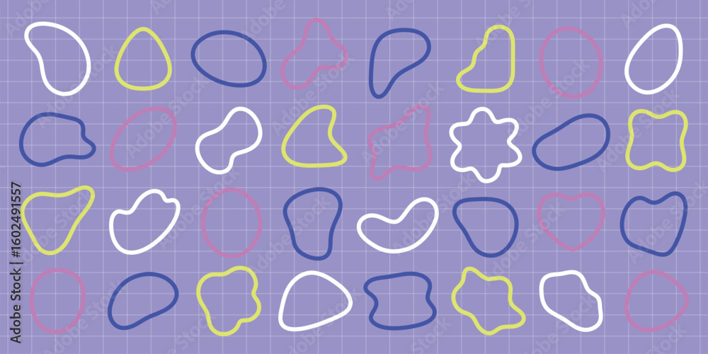 Poster Colorful abstract shapes in rows. Shapes include blobs and outlines in blue, green, orange, and yellow. Abstract shapes create a playful pattern. Colorful shapes, vector element set.