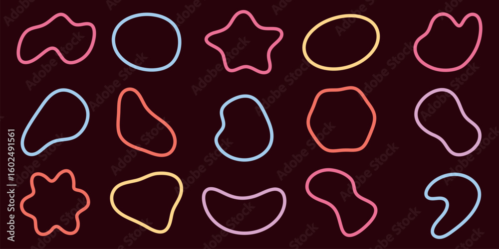 Poster colorful abstract shapes in rows. shapes include blobs and outlines in blue, green, orange, and yell