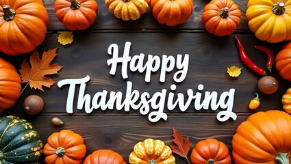 Happy Thanksgiving display with pumpkins and fall foliage on rustic wood